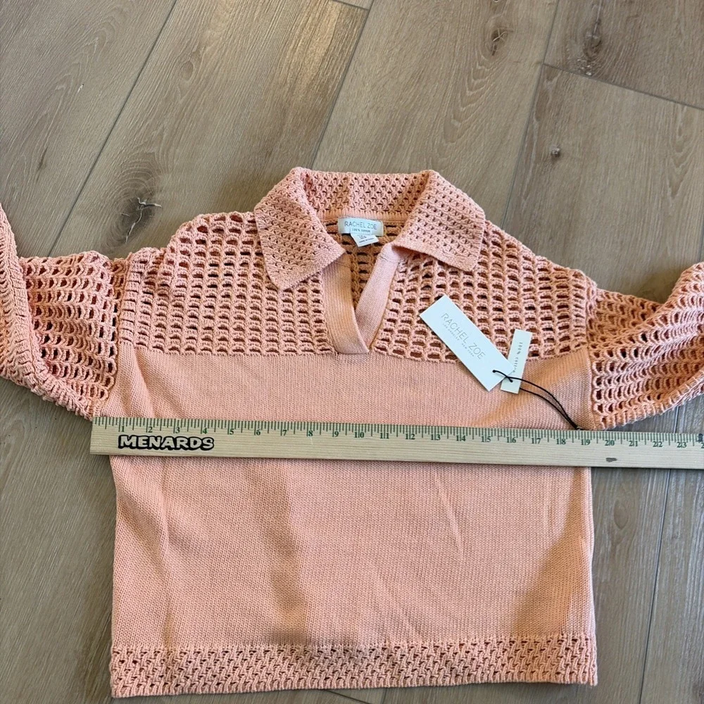 Rachel Zoe Peach Open-Knit V‑Neck Crochet Cropped Sweater Size Medium Cottage